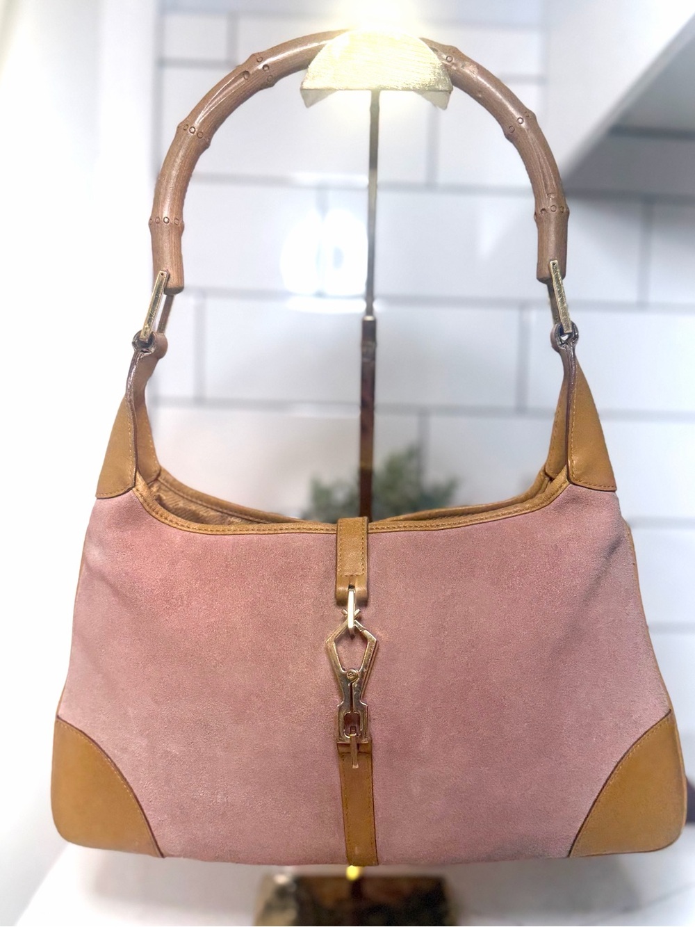 Authentic Gucci Pink Suede Jackie Bag with Bamboo Handle/ and COA